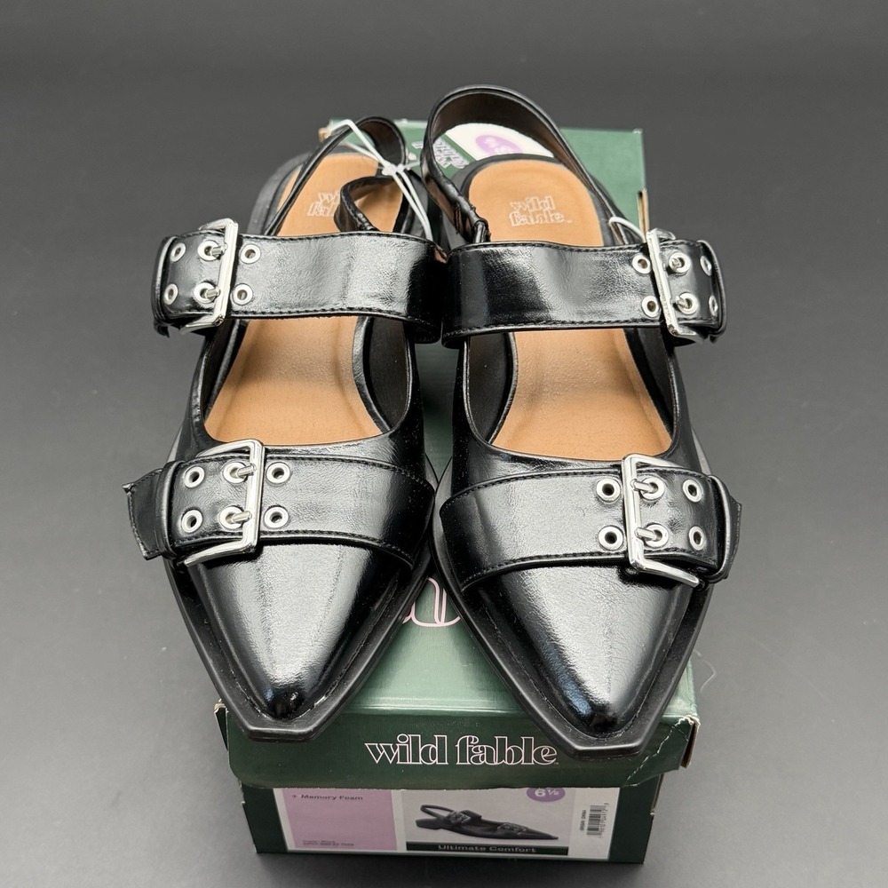Wild Fable Peyton Double Buckle Slingback Flats Size 6.5 Black Goth Punk NIB